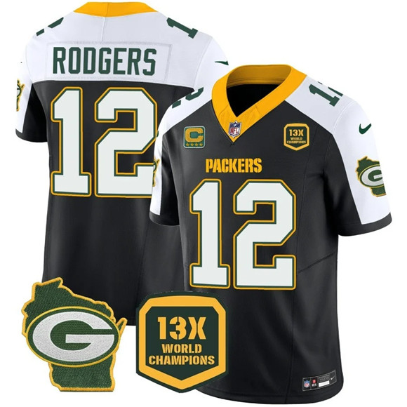 Men's Green Bay Packers #12 Aaron Rodgers Black/White 2023 F.U.S.E. Home Patch With 4-Star C Patch 13 Time World Champions Vapor Untouchable Limited Stitched Football Jersey